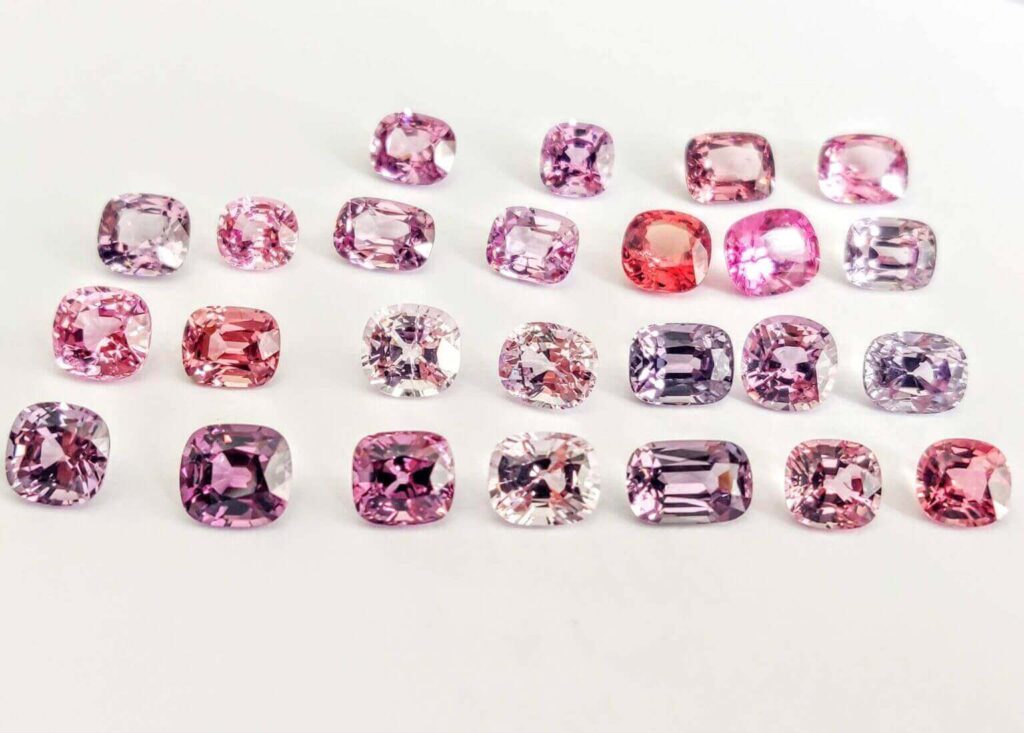 Color range of spinels, owing to different mineral compositions