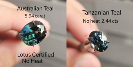 Comparison of teal sapphires from Australia and Tanzania.